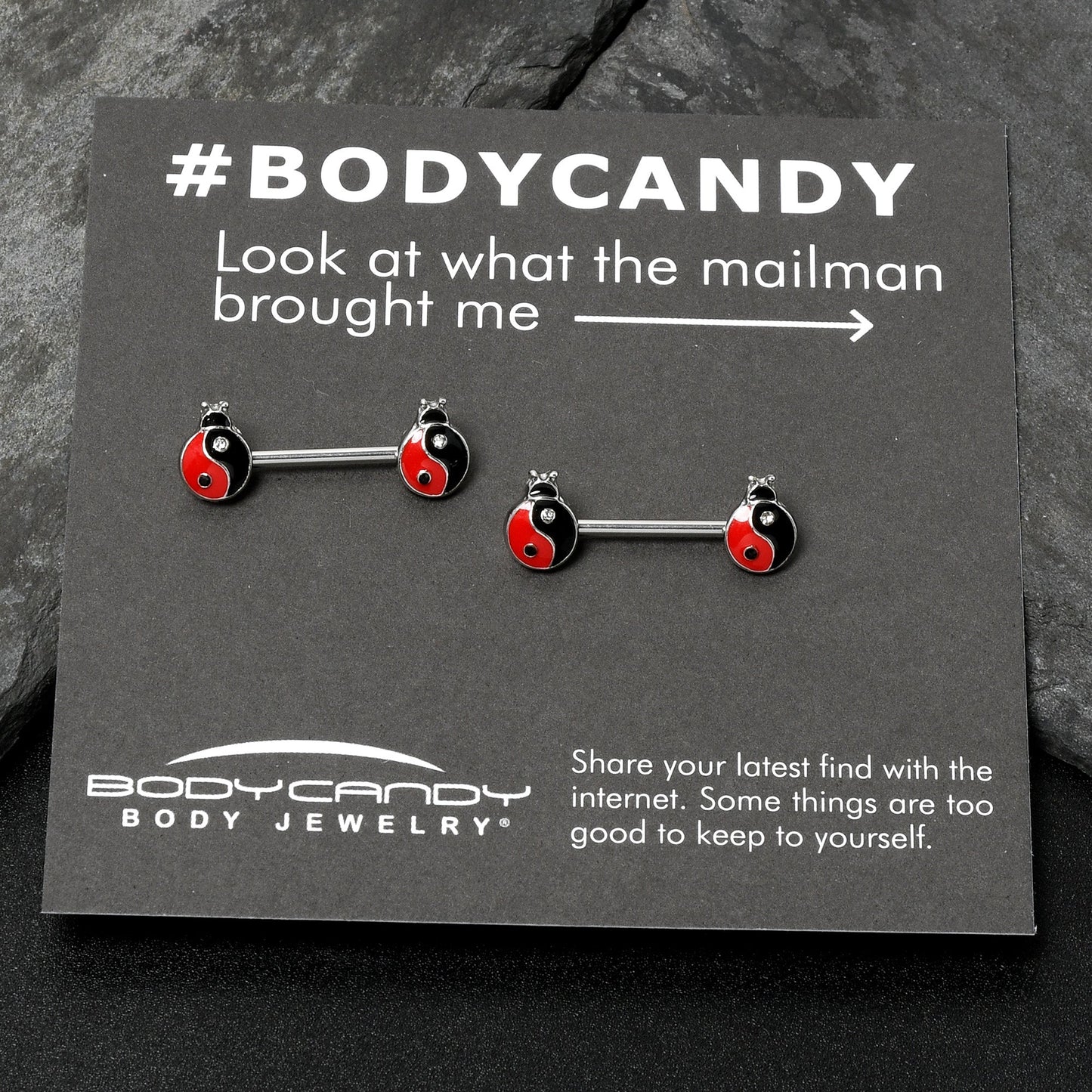 14G 9/16 Clear Gem Ladybug Yin Yang Barbell Nipple Ring Set