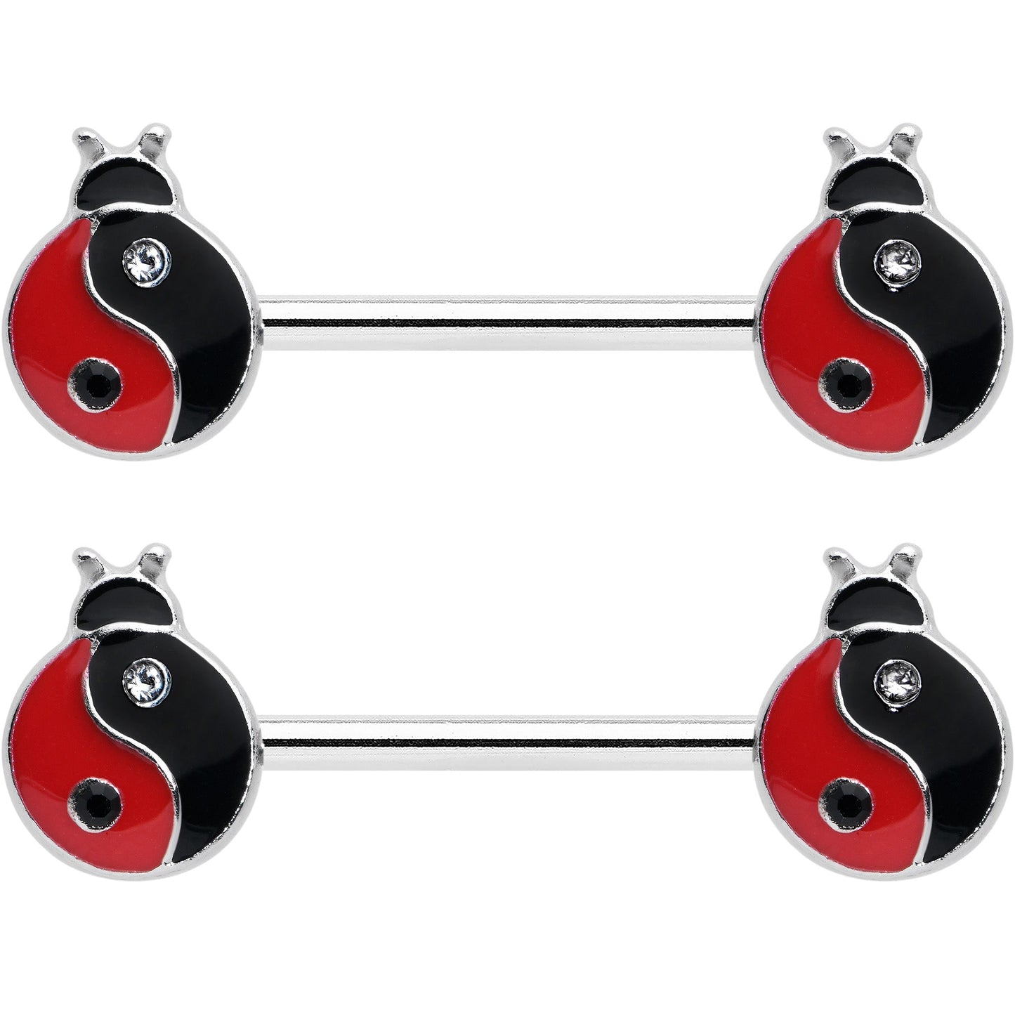 14G 9/16 Clear Gem Ladybug Yin Yang Barbell Nipple Ring Set