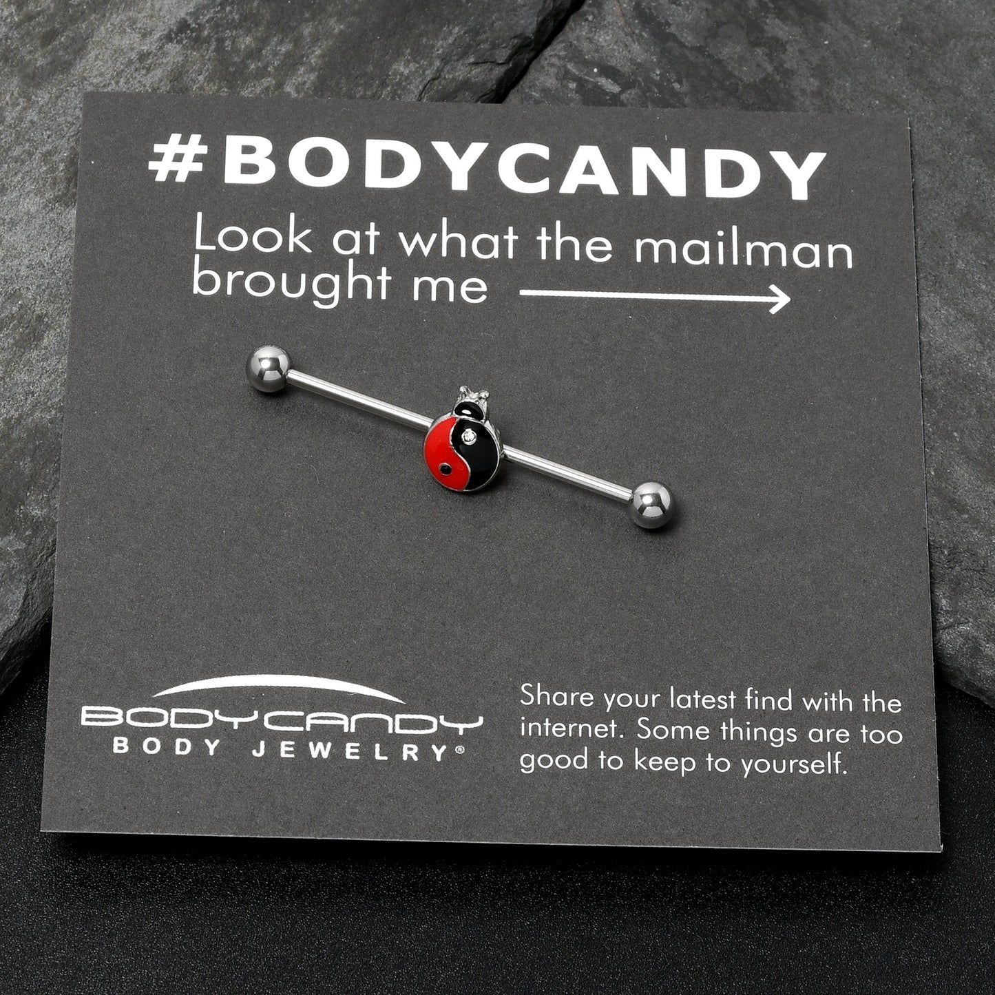 14G Clear Gem Ladybug Yin Yang Industrial Barbell 38mm