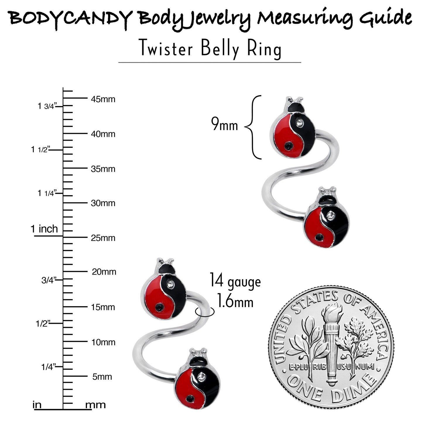 Clear Gem Ladybug Yin Yang Spiral Twister Belly Ring