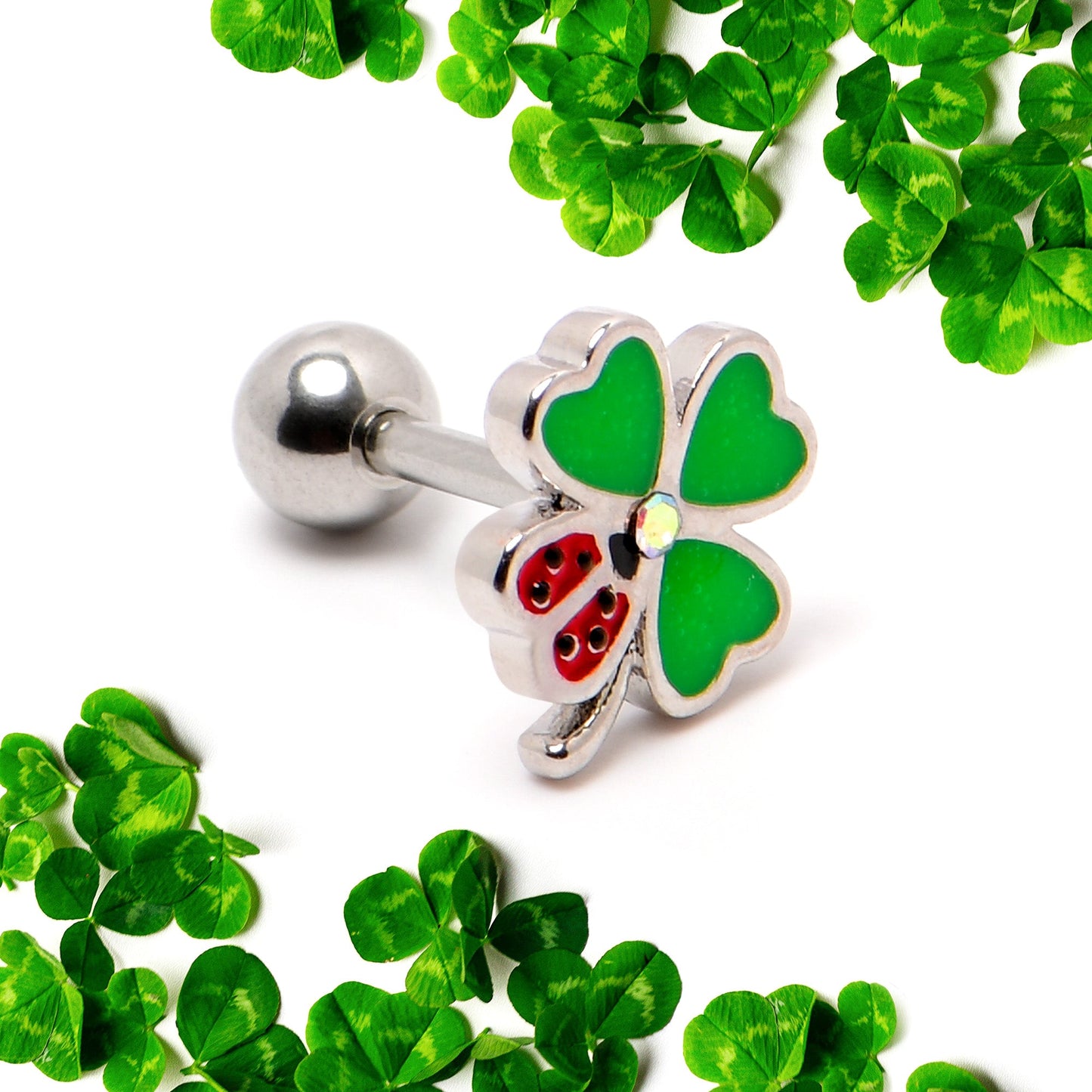 16G 1/4 Ladybug Shamrock St Patricks Cartilage Tragus Earring