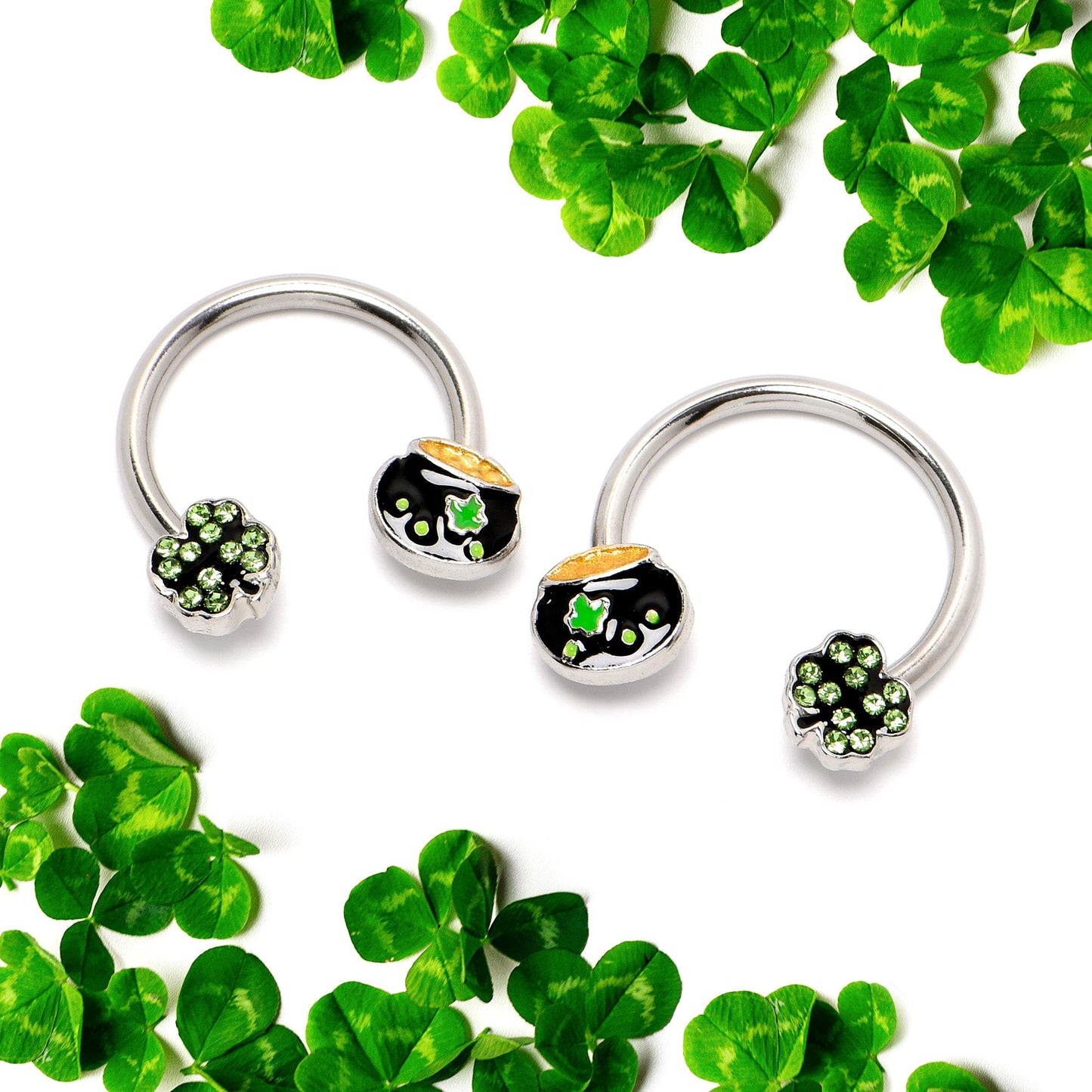 14G 9/16 Green Gem Shamrock Pot of Gold Horseshoe Nipple Ring Set