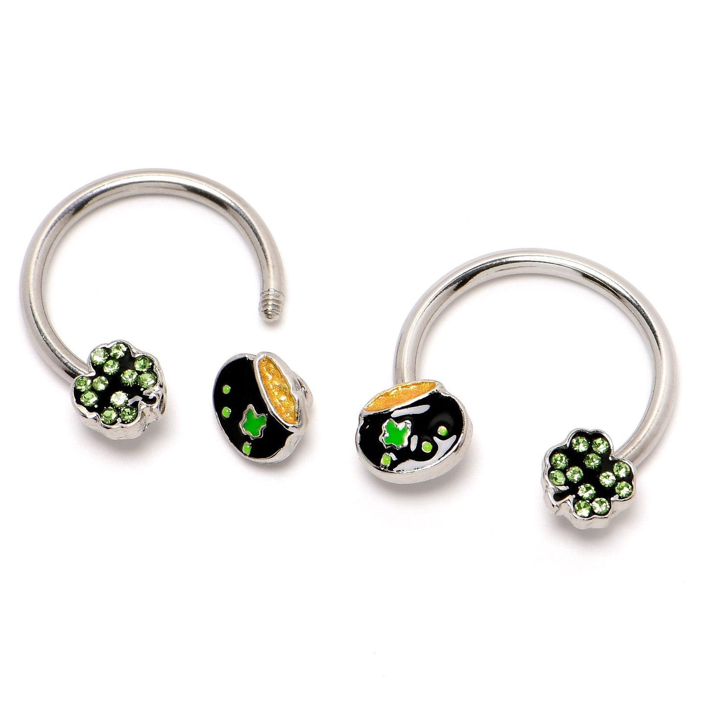 14G 9/16 Green Gem Shamrock Pot of Gold Horseshoe Nipple Ring Set