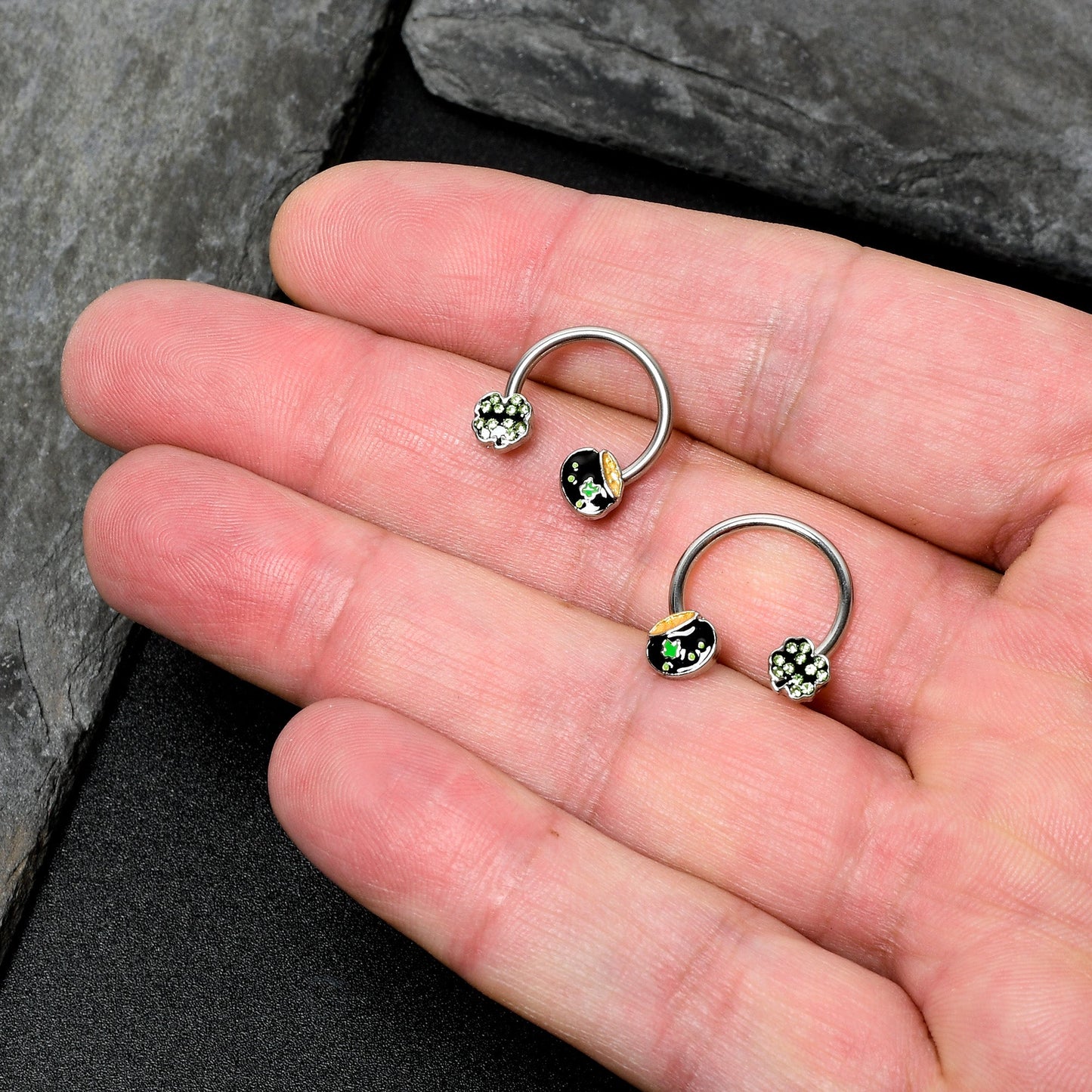 14G 9/16 Green Gem Shamrock Pot of Gold Horseshoe Nipple Ring Set