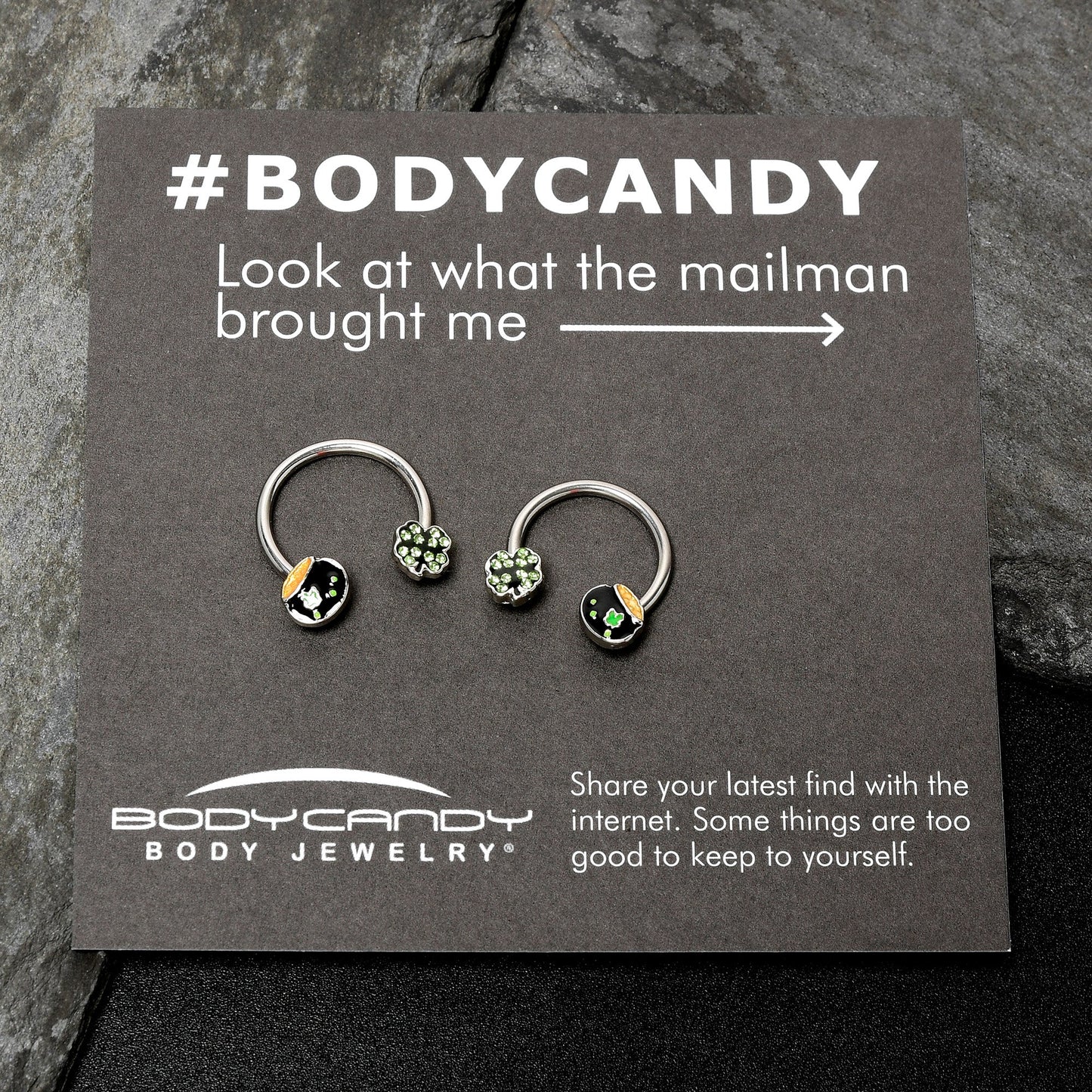 14G 9/16 Green Gem Shamrock Pot of Gold Horseshoe Nipple Ring Set