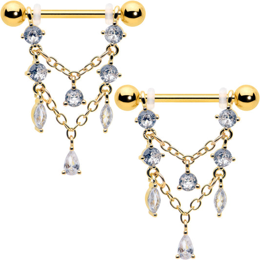 14G  9/16 Clear Gem Gold Tone Double Chain Dangle Nipple Ring Set