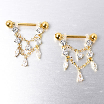 14G  9/16 Clear Gem Gold Tone Double Chain Dangle Nipple Ring Set