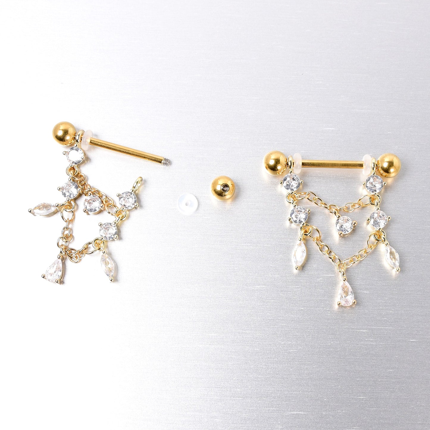 14G  9/16 Clear Gem Gold Tone Double Chain Dangle Nipple Ring Set