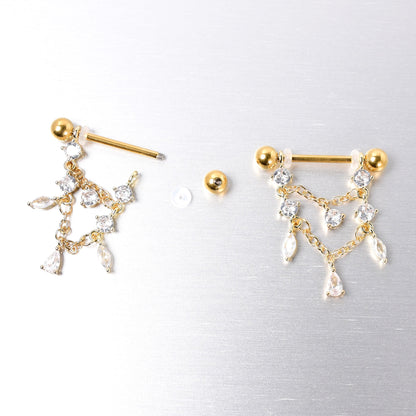 14G  9/16 Clear Gem Gold Tone Double Chain Dangle Nipple Ring Set