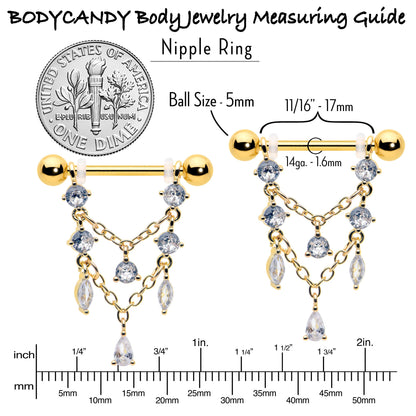 14G  9/16 Clear Gem Gold Tone Double Chain Dangle Nipple Ring Set