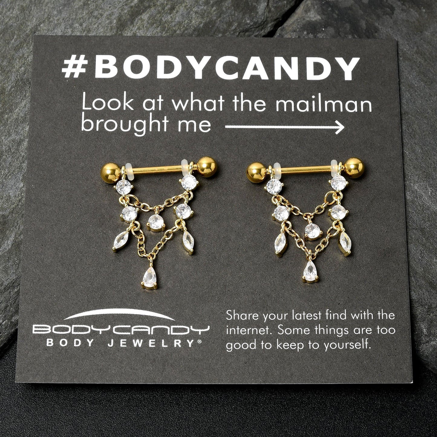 14G  9/16 Clear Gem Gold Tone Double Chain Dangle Nipple Ring Set