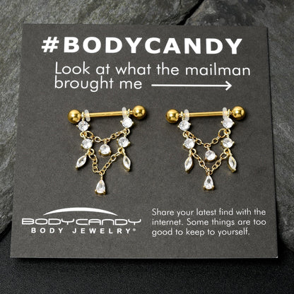 14G  9/16 Clear Gem Gold Tone Double Chain Dangle Nipple Ring Set