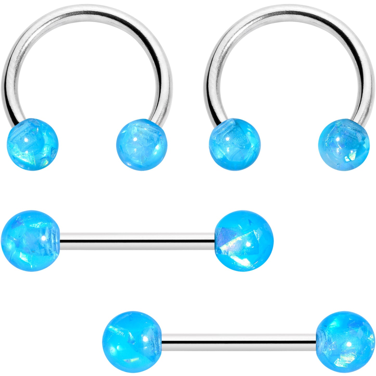 14G 9/16 Blue Faux Opal Horseshoe Barbell Nipple Ring Set of 4