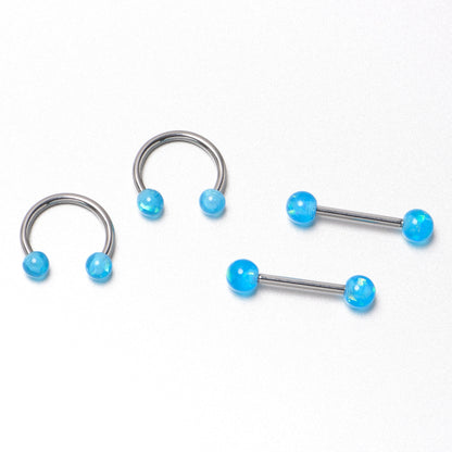 14G 9/16 Blue Faux Opal Horseshoe Barbell Nipple Ring Set of 4