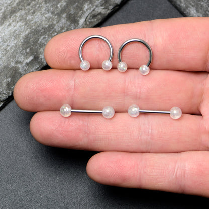 14G 9/16 White Faux Opal Horseshoe Barbell Nipple Ring Set of 4
