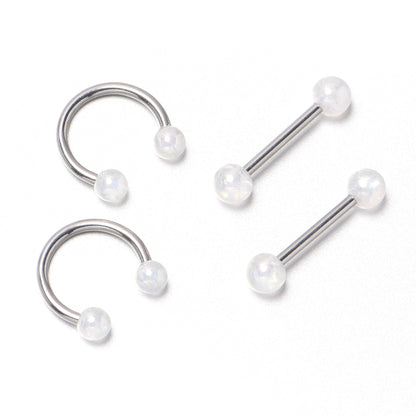 14G 9/16 White Faux Opal Horseshoe Barbell Nipple Ring Set of 4