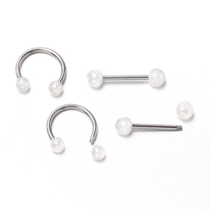 14G 9/16 White Faux Opal Horseshoe Barbell Nipple Ring Set of 4