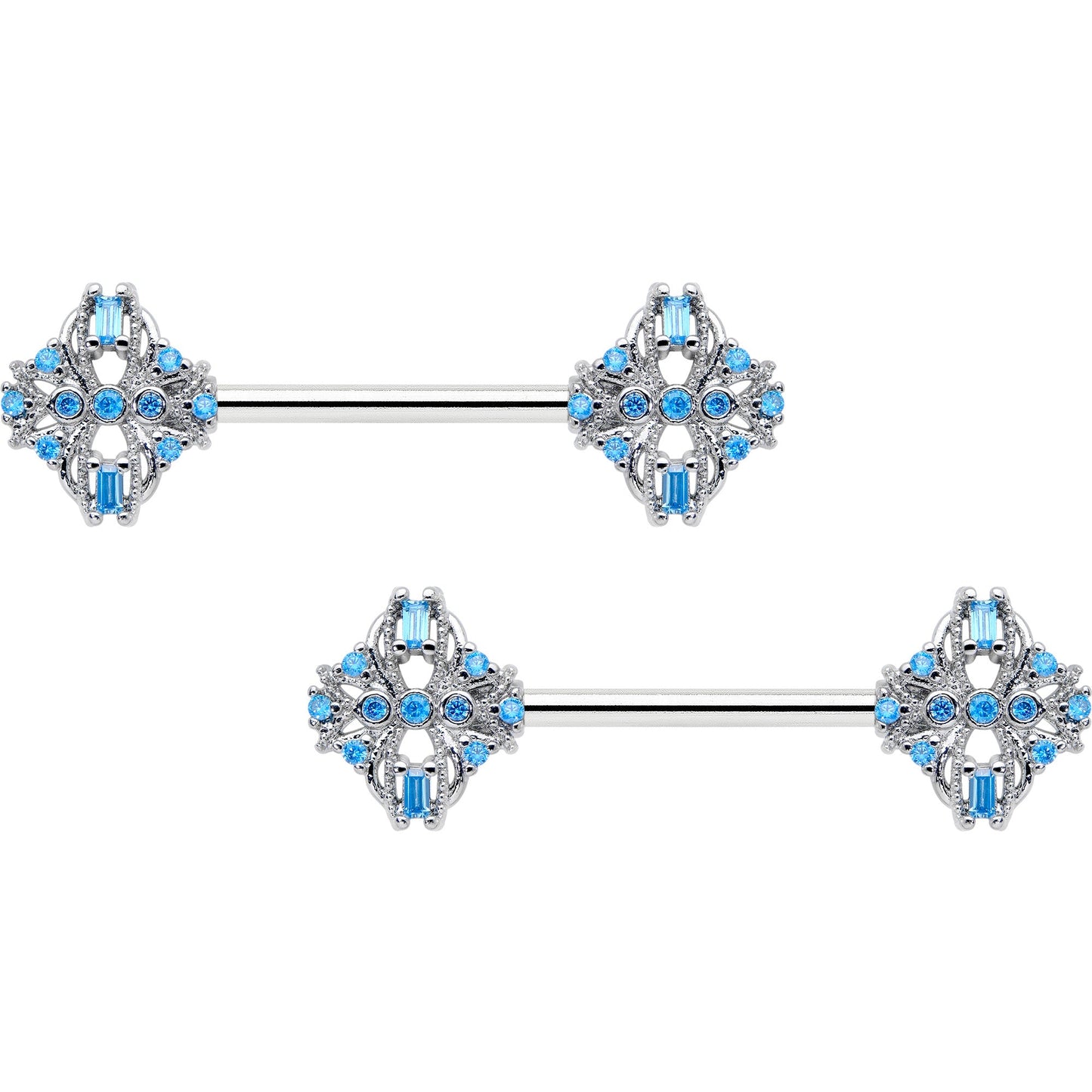 14G 9/16 Blue CZ Gem Opulent Cross Barbell Nipple Ring Set