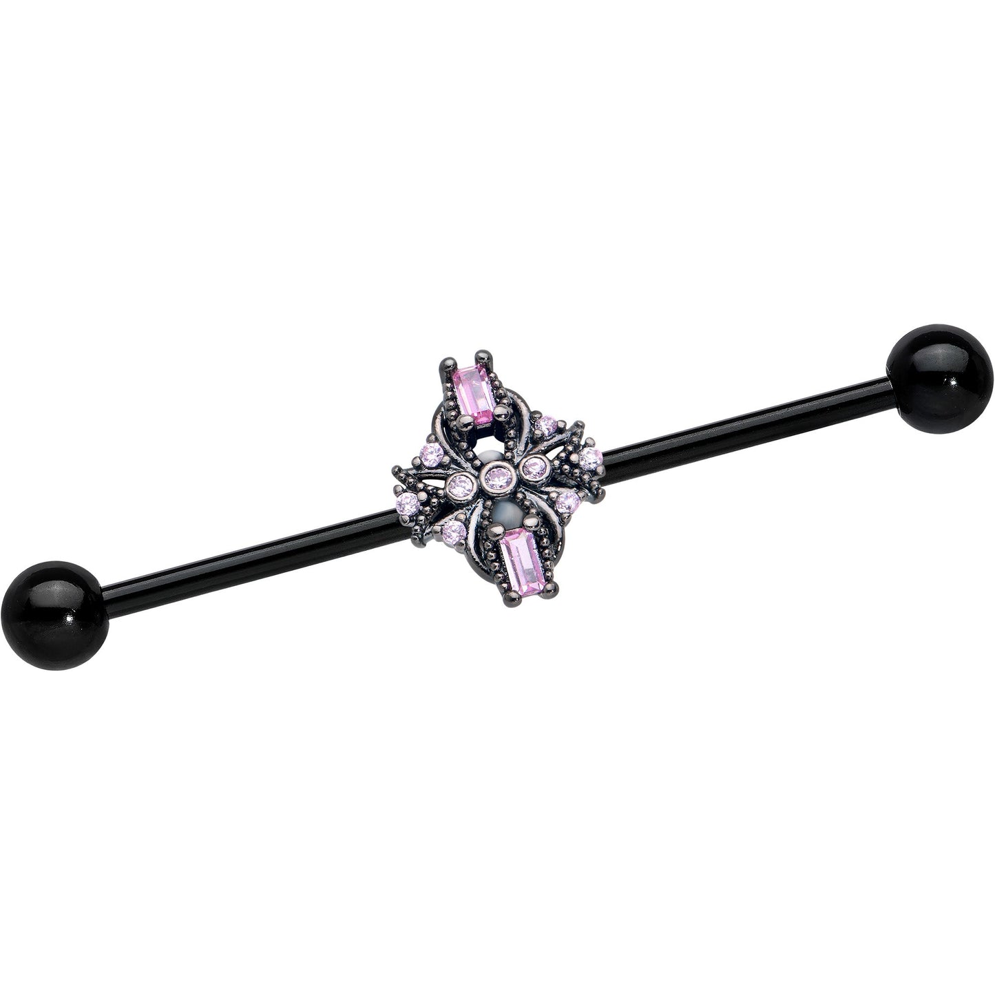 14G Pink Gem Black Opulent Cross Industrial Barbell 38mm