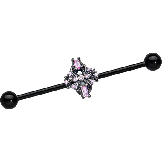 14G Pink Gem Black Opulent Cross Industrial Barbell 38mm