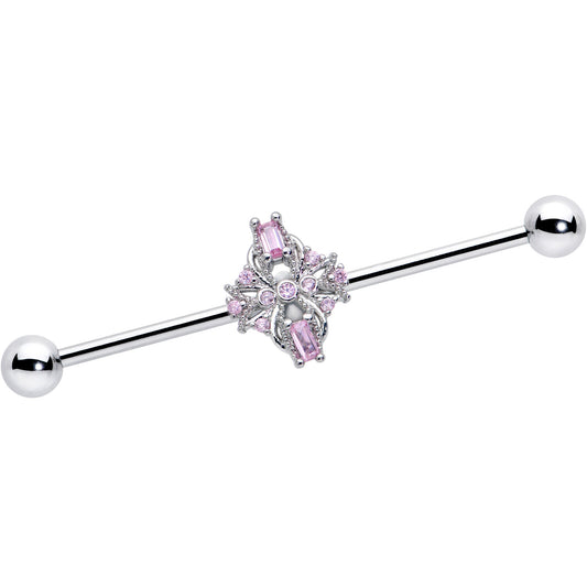 14G Pink Gem Opulent Cross Industrial Barbell 38mm