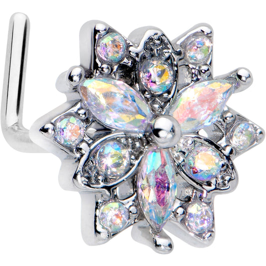 20G 7mm Aurora CZ Gem Snowflake Style L Shape Nose Ring