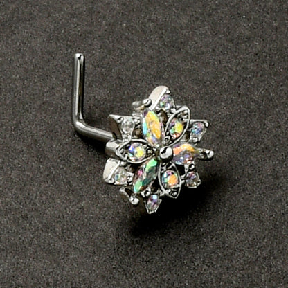 20G 7mm Aurora CZ Gem Snowflake Style L Shape Nose Ring