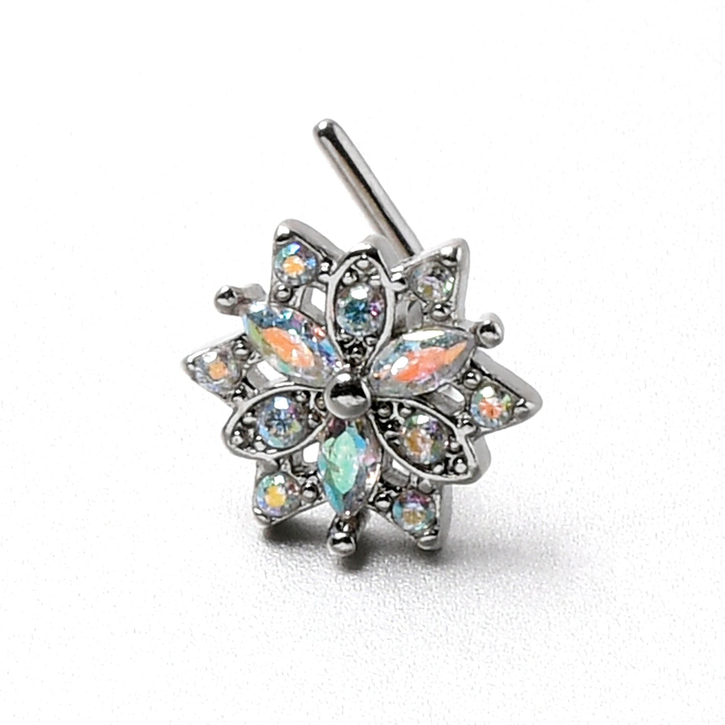 20G 7mm Aurora CZ Gem Snowflake Style L Shape Nose Ring