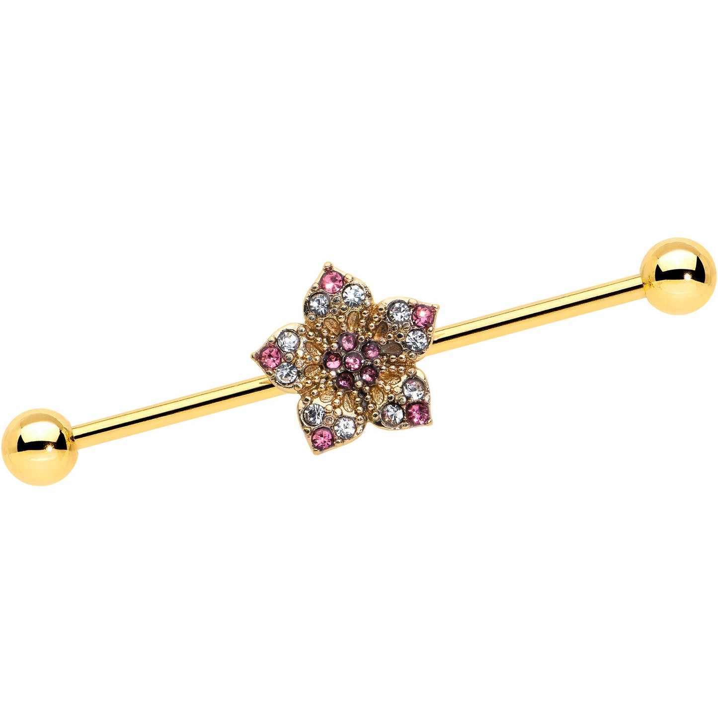 14G Clear Pink Gem Gold Tone Texture Star Industrial Barbell 38mm