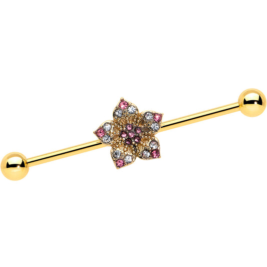 14G Clear Pink Gem Gold Tone Texture Star Industrial Barbell 38mm