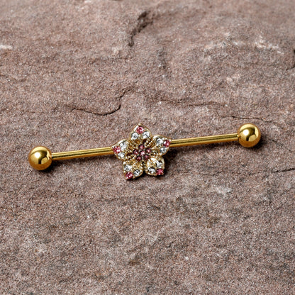 14G Clear Pink Gem Gold Tone Texture Star Industrial Barbell 38mm