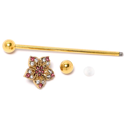 14G Clear Pink Gem Gold Tone Texture Star Industrial Barbell 38mm
