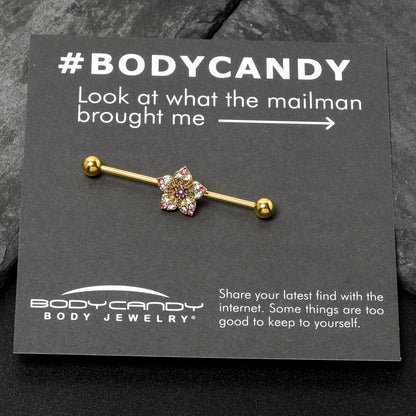 14G Clear Pink Gem Gold Tone Texture Star Industrial Barbell 38mm