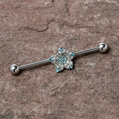 14G Blue Clear Gem Opulent Flower Industrial Barbell 38mm