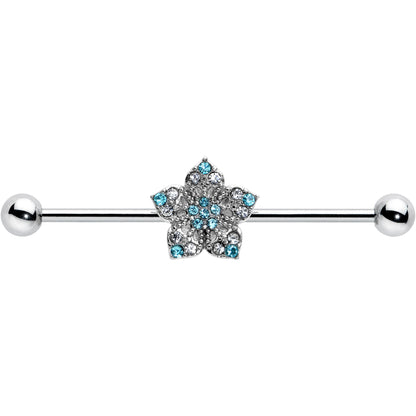 14G Blue Clear Gem Opulent Flower Industrial Barbell 38mm