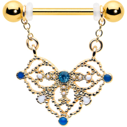 14G 9/16 Blue Gem Gold Tone Lacy Rhombus Dangle Nipple Ring Set
