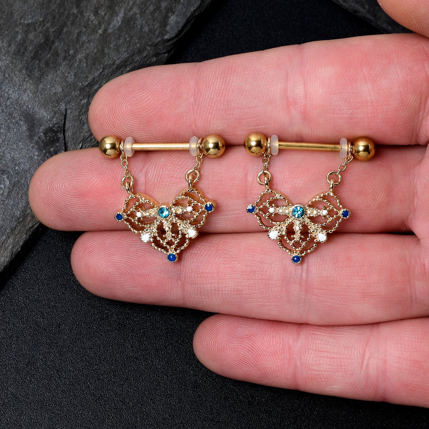 14G 9/16 Blue Gem Gold Tone Lacy Rhombus Dangle Nipple Ring Set
