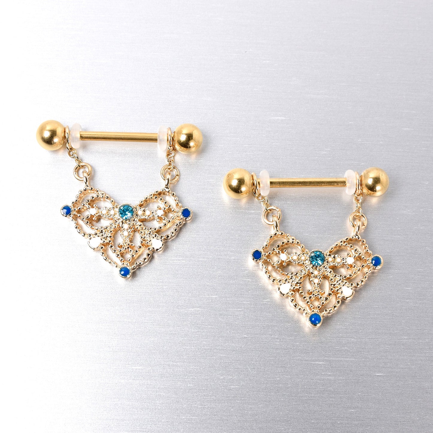 14G 9/16 Blue Gem Gold Tone Lacy Rhombus Dangle Nipple Ring Set