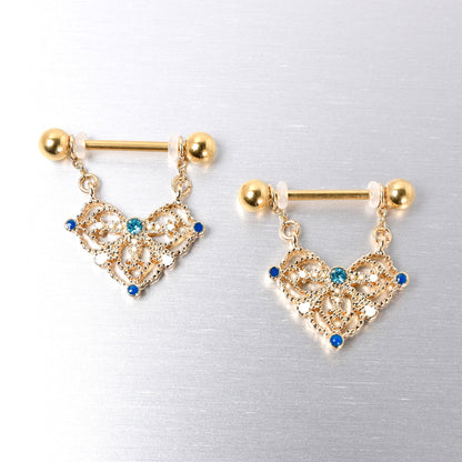 14G 9/16 Blue Gem Gold Tone Lacy Rhombus Dangle Nipple Ring Set