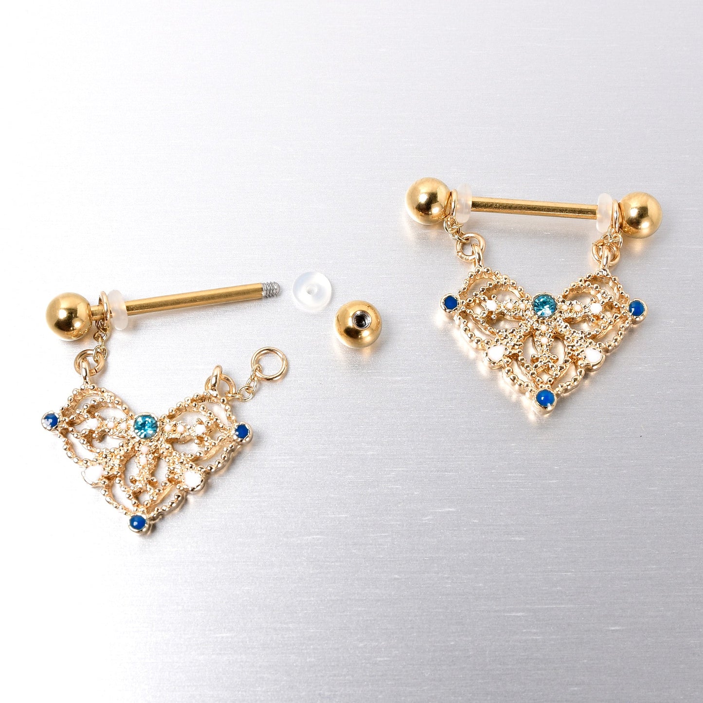 14G 9/16 Blue Gem Gold Tone Lacy Rhombus Dangle Nipple Ring Set