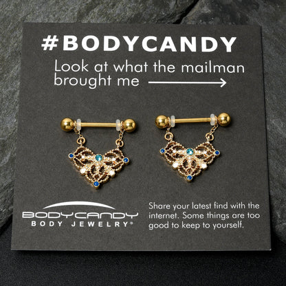 14G 9/16 Blue Gem Gold Tone Lacy Rhombus Dangle Nipple Ring Set