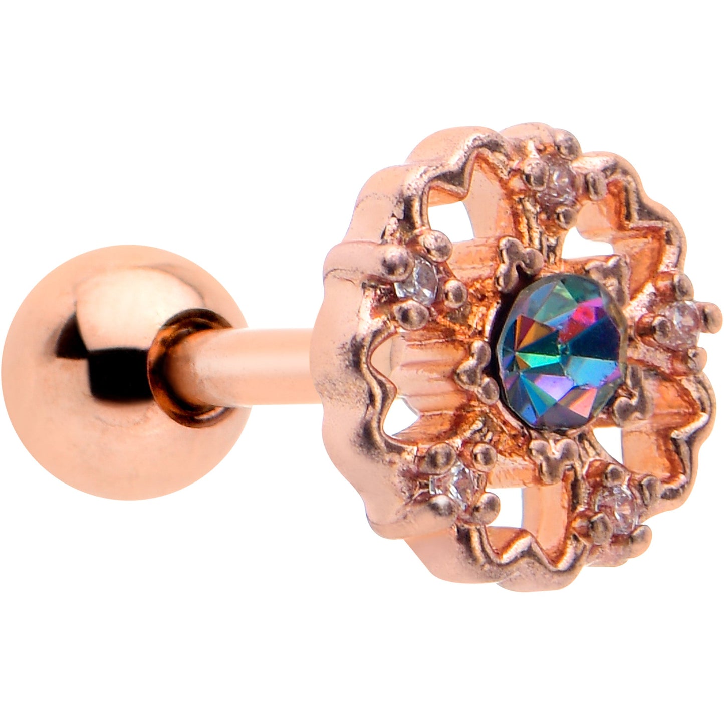 16G 1/4 Vitrail Gem Rosy Hue Flower Cartilage Tragus Earring