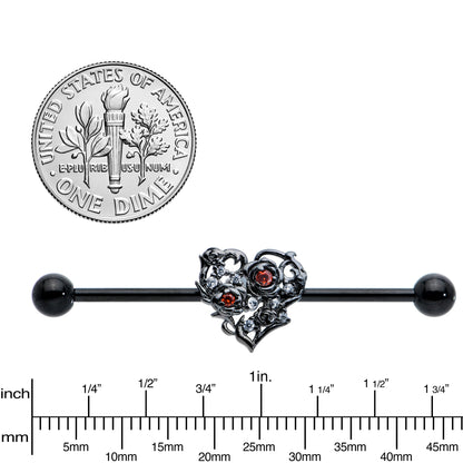 14G Clear Red CZ Gem Black Heart Floral Industrial Barbell 38mm