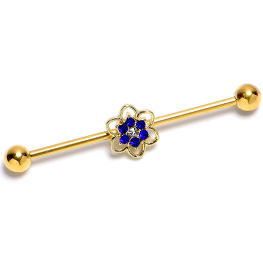 14G Blue Gem Gold Tone Radiant Bloom Flower Industrial Barbell 38mm