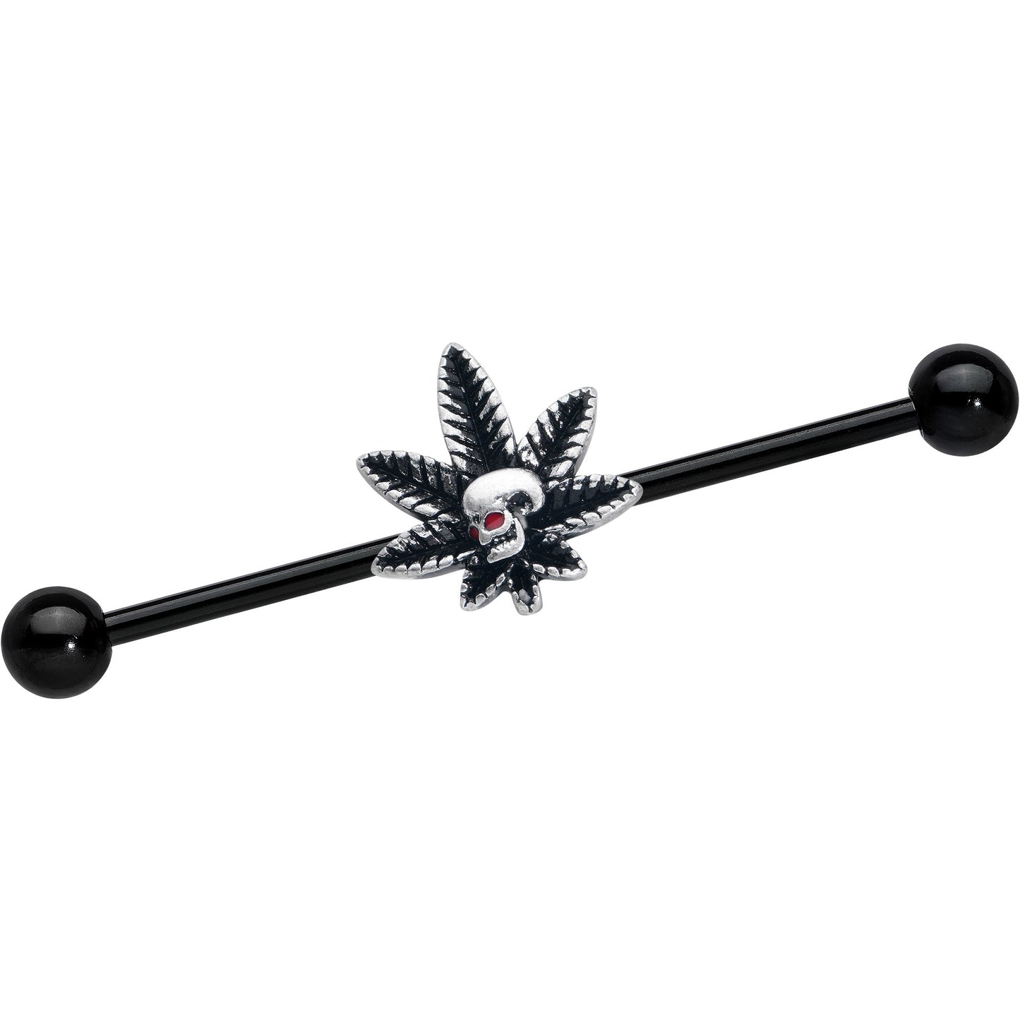 14G Red Gem Black Pot Leaf Skull Industrial Barbell 38mm