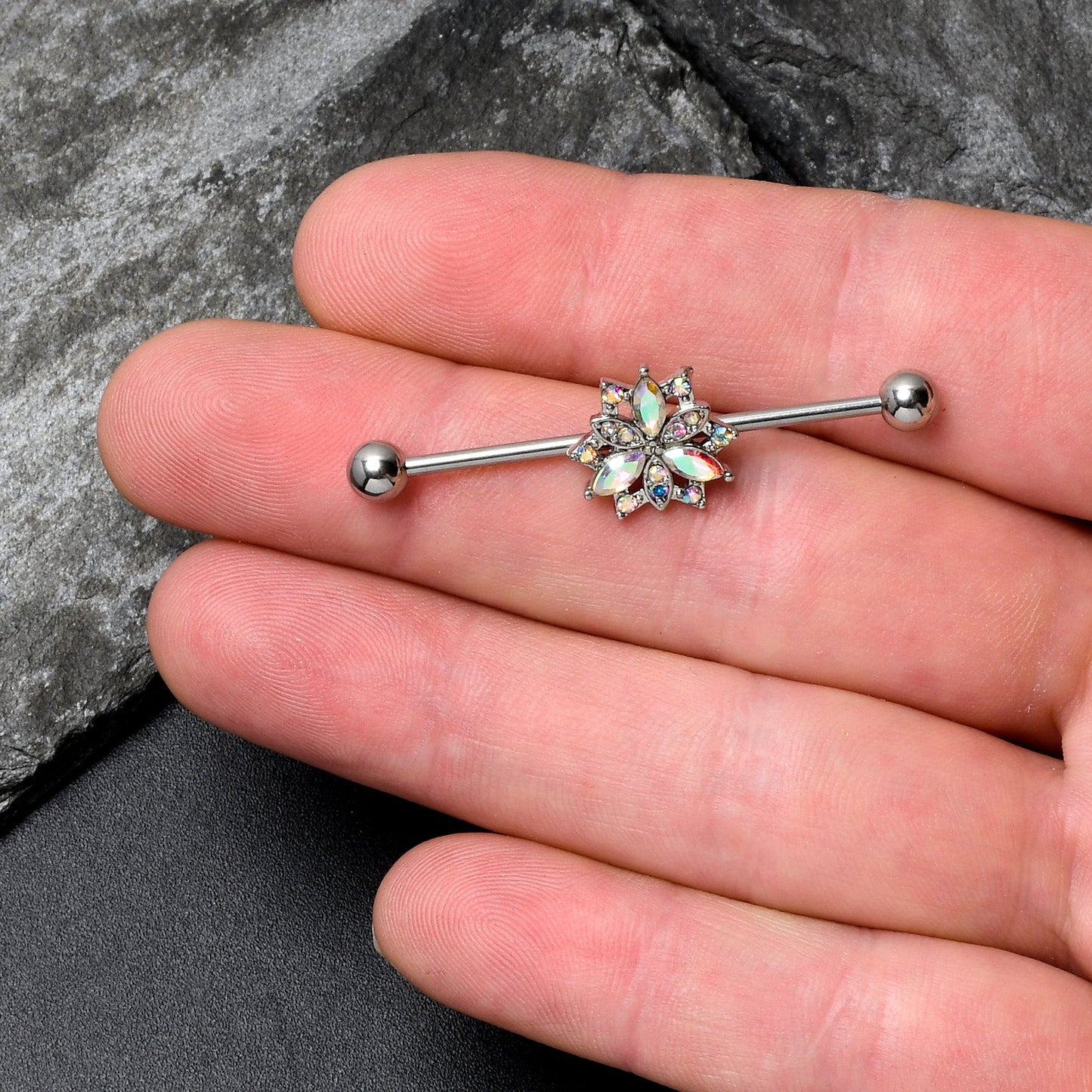 14G Aurora CZ Gem Snowflake Style Industrial Barbell 38mm
