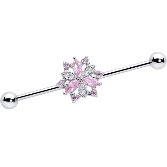 14G Pink Clear CZ Gem Snowflake Style Industrial Barbell 38mm