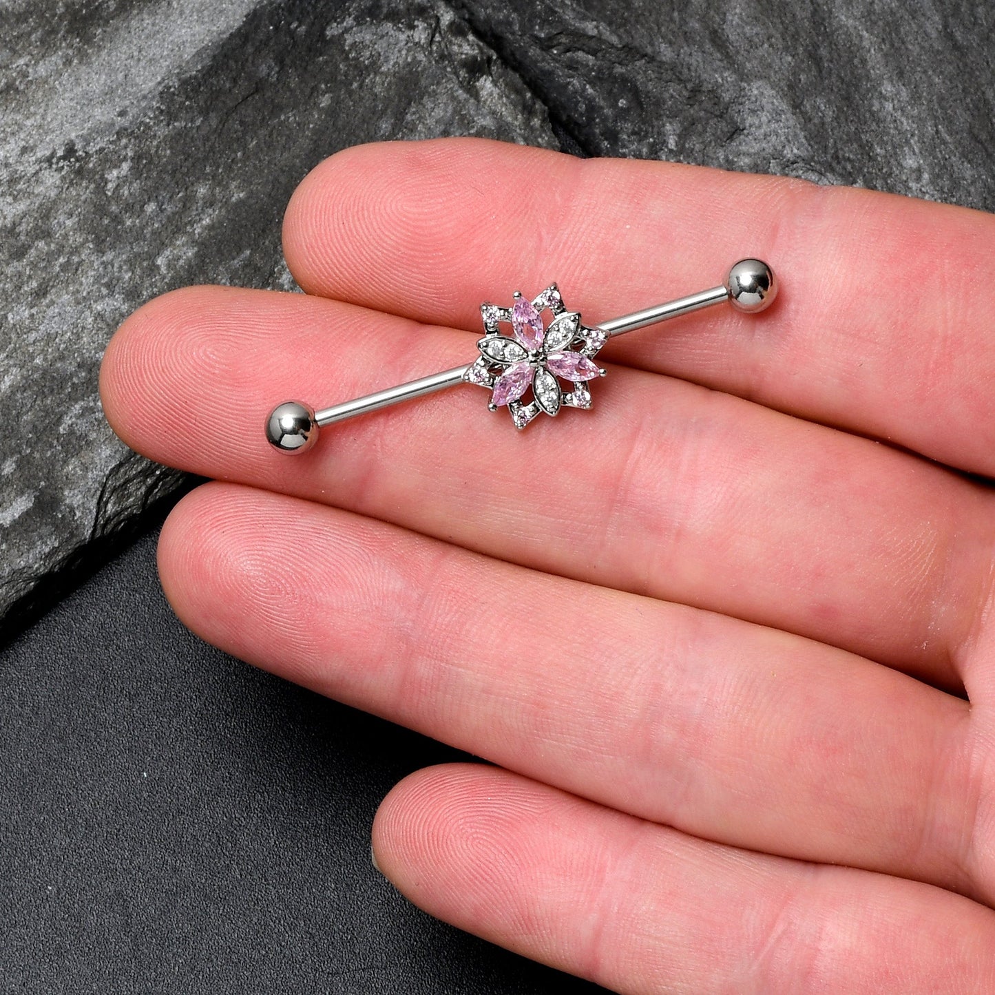 14G Pink Clear CZ Gem Snowflake Style Industrial Barbell 38mm