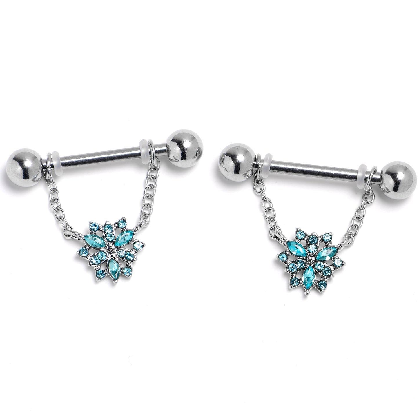14G 9/16 Blue Gem Snowflake Style Chain Dangle Nipple Ring Set