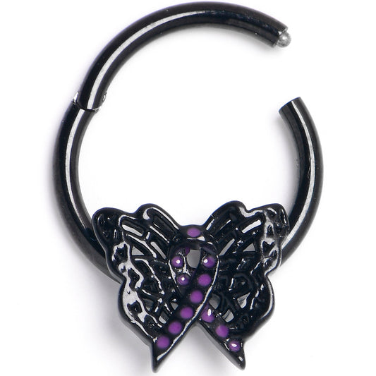 16G 3/8 Black Purple Beauty in Flight Butterfly Hinged Segment Ring
